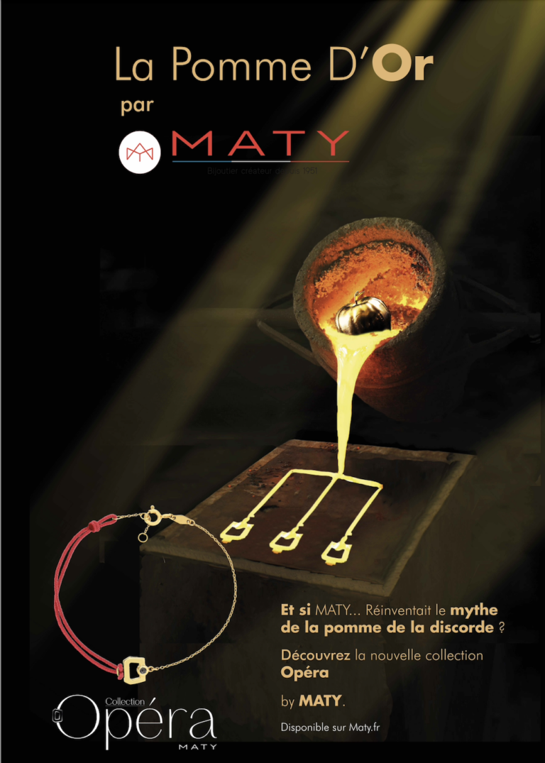 Affiche sur le mythe de la Pomme D'Or pour la bijouterie MATY